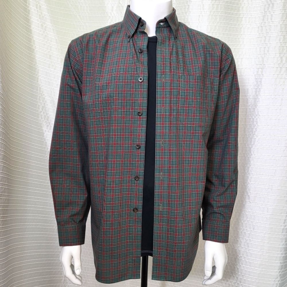 L.L. BEAN Wrinkle Resistant Shirt Lt-Mid Weight Cotton Plaid Green Red Men's M